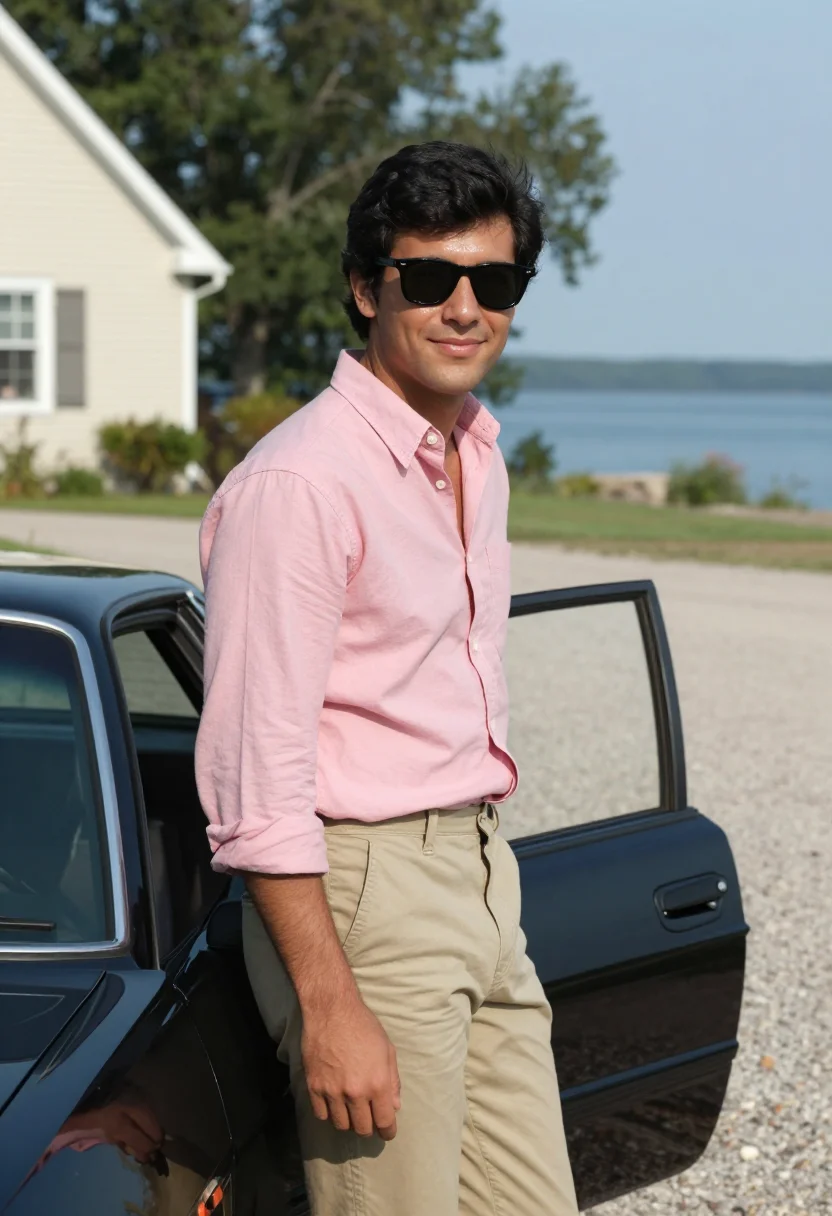 AI risky business north shore pink oxford ray ban sample — portrait of a man, a young suburban man in his early twentie