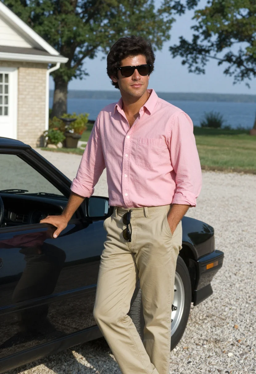 AI risky business north shore pink oxford ray ban sample — portrait of a man, a young suburban man in his early twentie