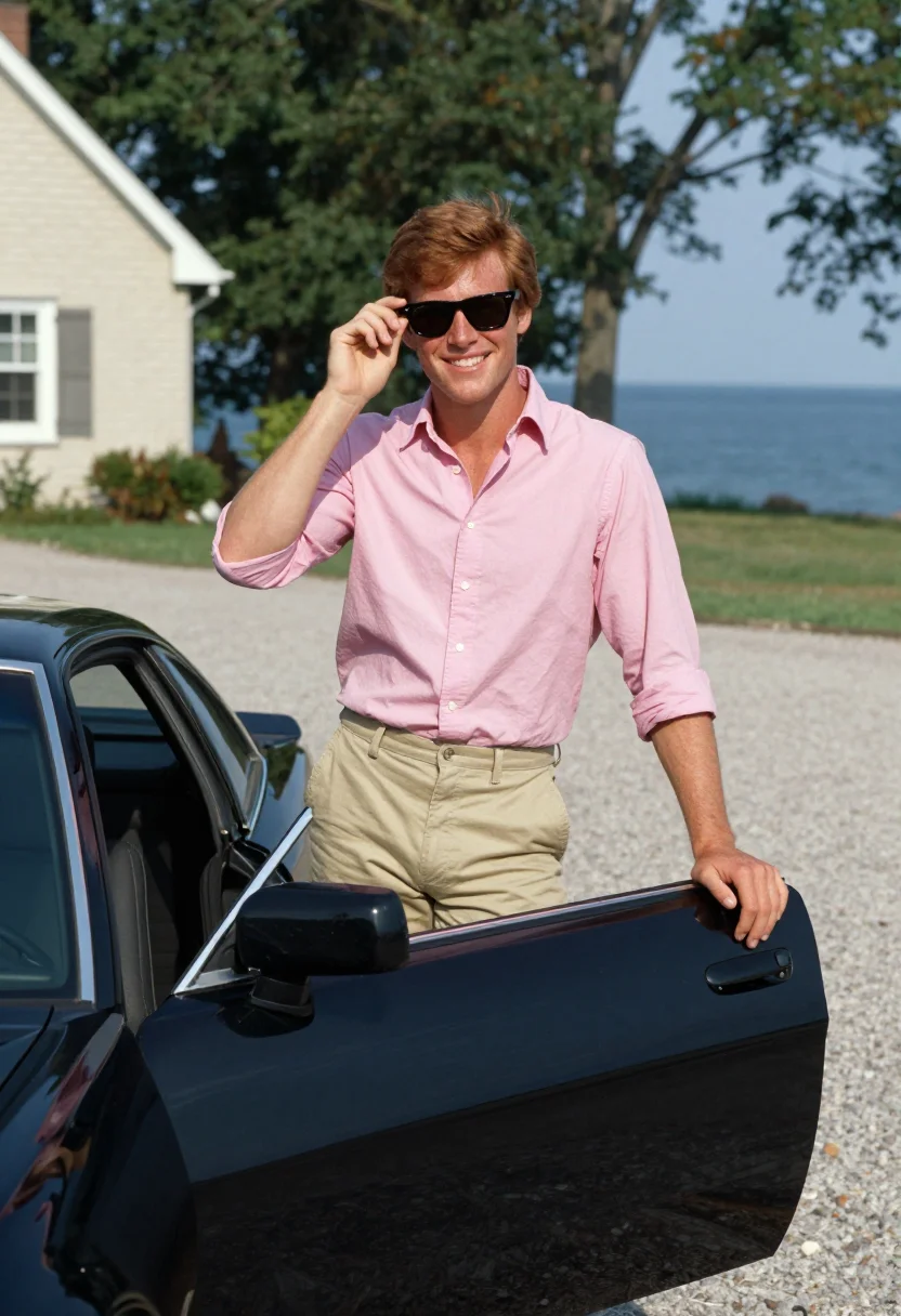 AI risky business north shore pink oxford ray ban sample — portrait of a man, a young suburban man in his early twentie