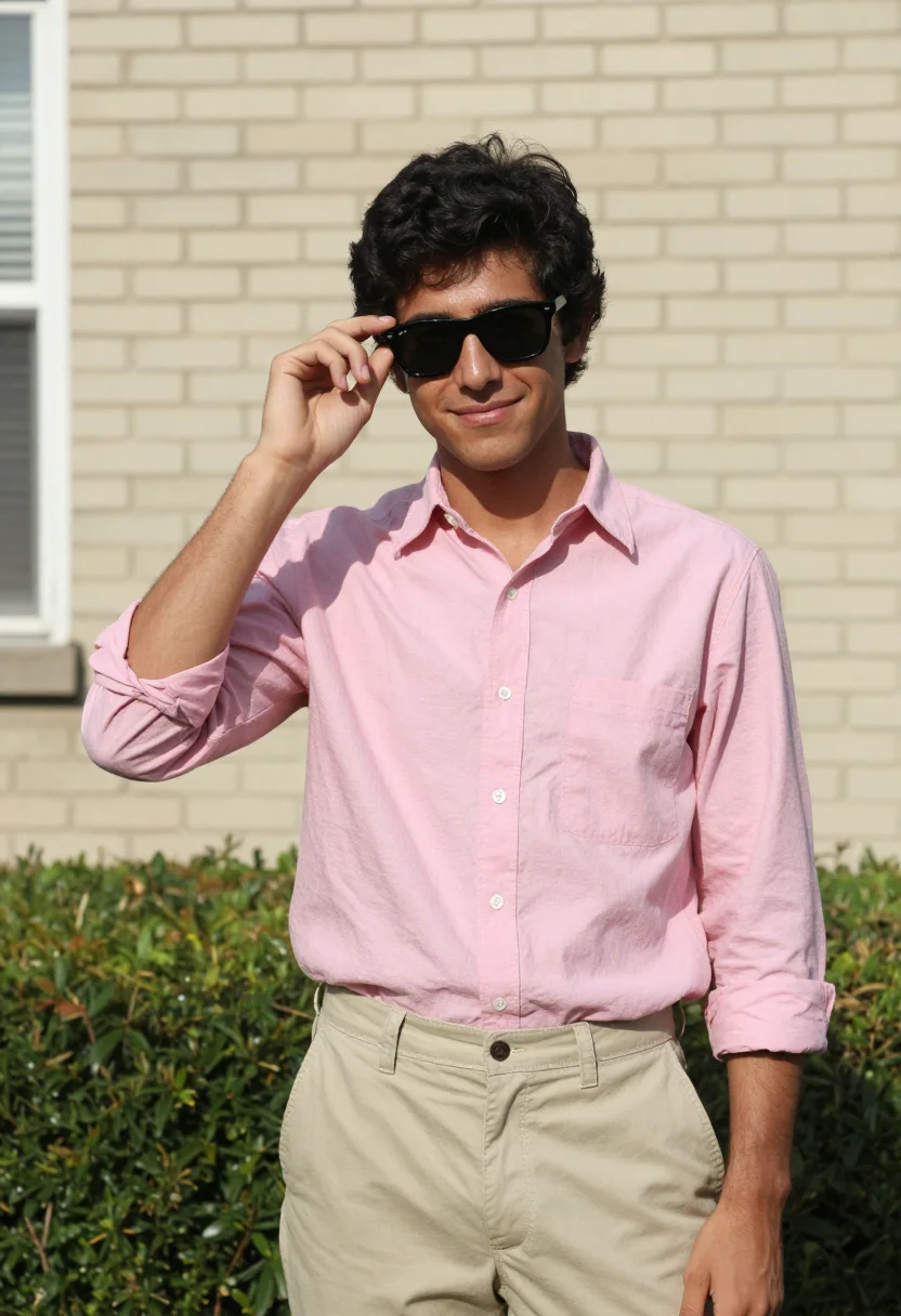 AI risky business north shore pink oxford ray ban sample — portrait of a man, a young suburban man in his early twentie