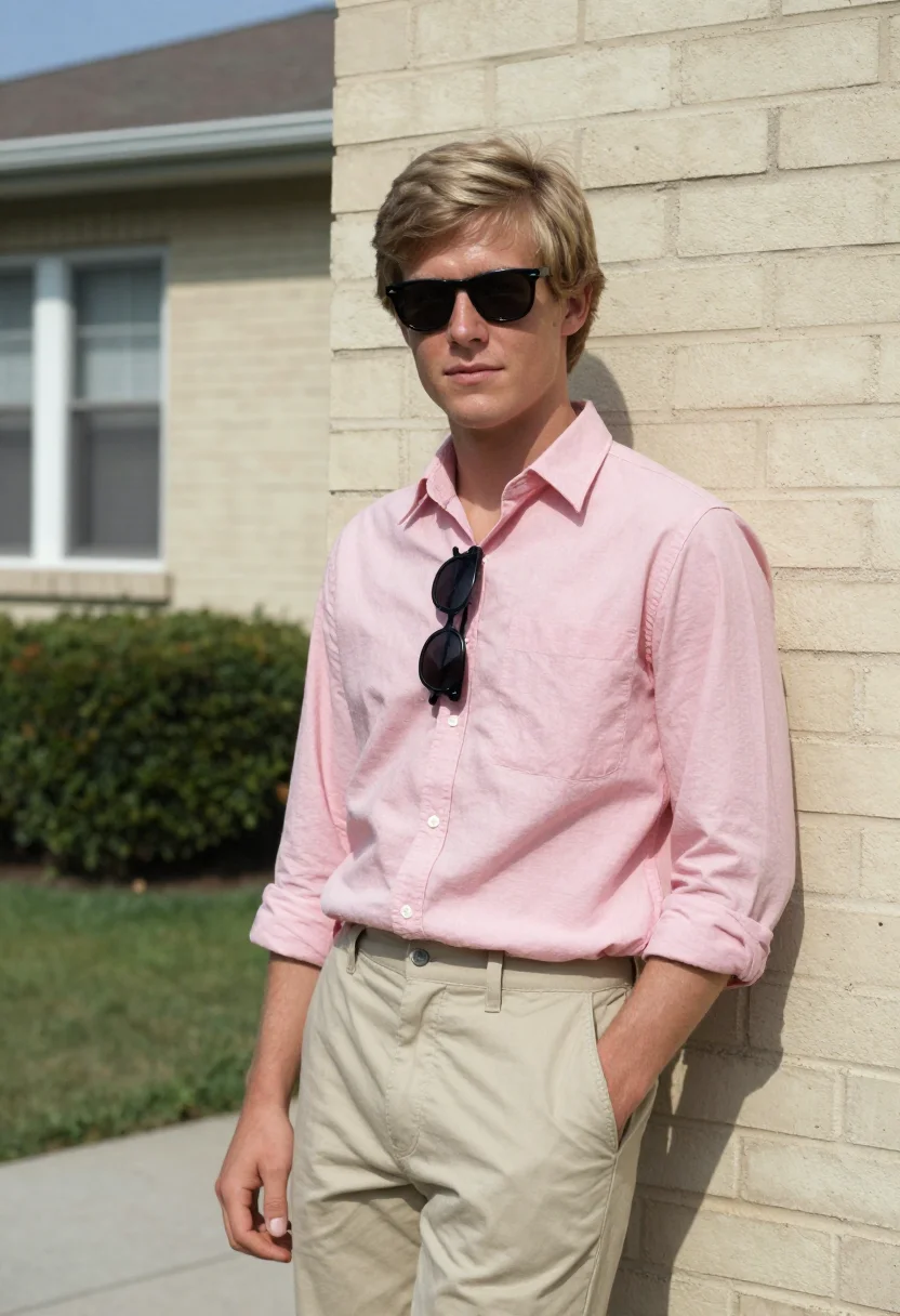 AI risky business north shore pink oxford ray ban sample — portrait of a man, a young suburban man in his early twentie