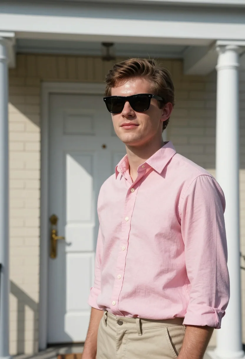 AI risky business north shore pink oxford ray ban sample — portrait of a man, a young suburban man in his early twentie