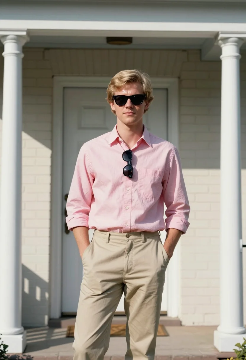 AI risky business north shore pink oxford ray ban sample — portrait of a man, a young suburban man in his early twentie