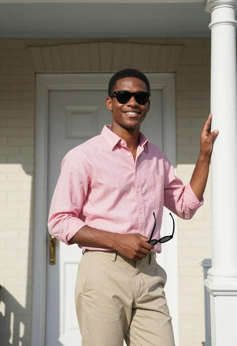 AI risky business north shore pink oxford ray ban sample — portrait of a man, a young suburban man in his early twentie