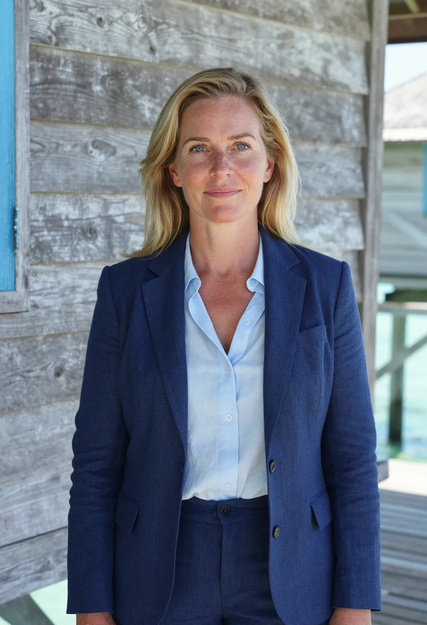AI roatan dive resort director caribbean blue sample — portrait of a woman, a Western-European dive resort director