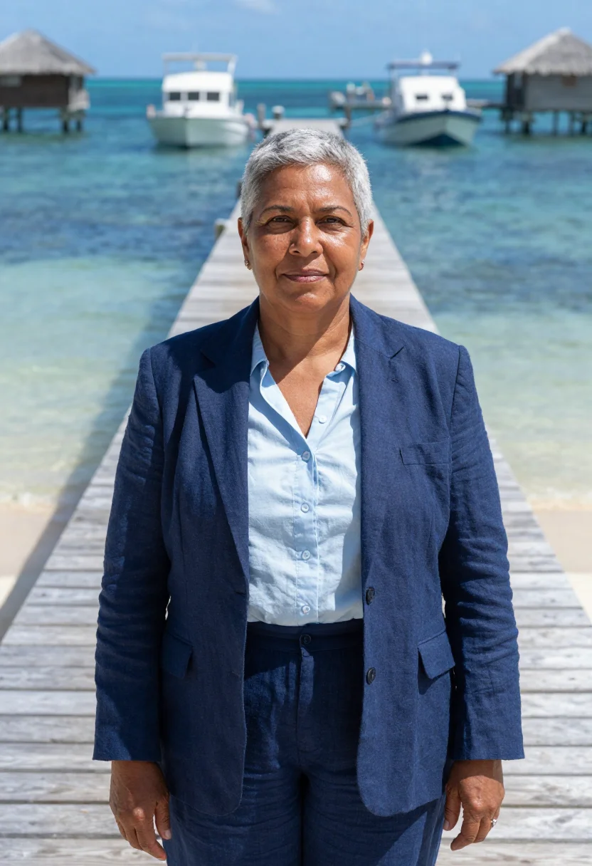AI roatan dive resort director caribbean blue sample — portrait of a woman, a Garifuna dive resort director in her