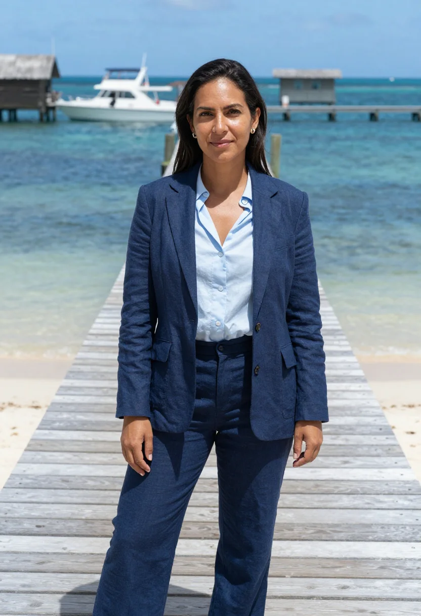 AI roatan dive resort director caribbean blue sample — portrait of a woman, a Honduran Bay Islander dive resort dir
