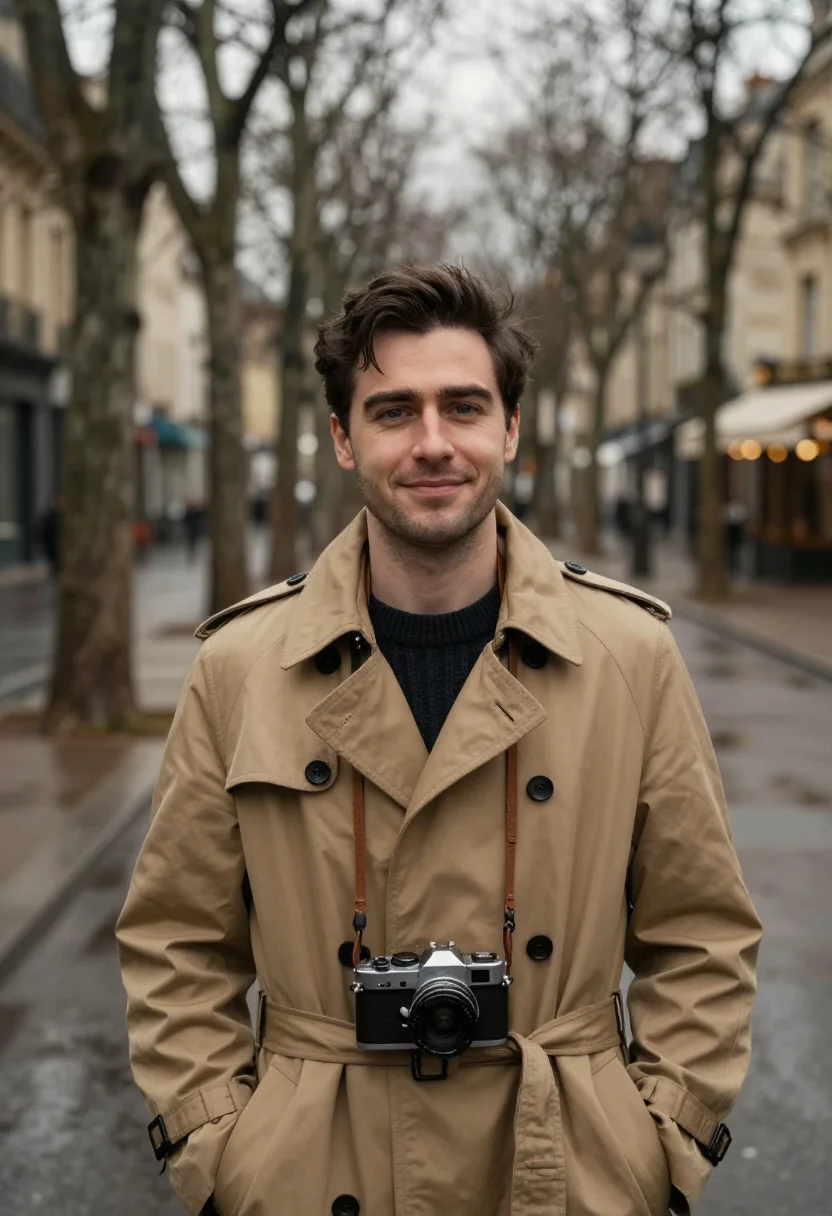 AI robert capa paris november trench sample — portrait of a man, framed chest-up, the crop falling at mid-