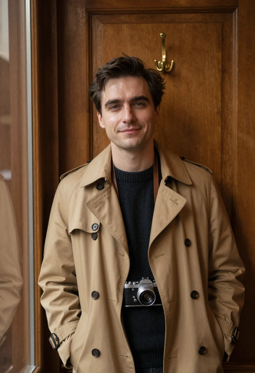 AI robert capa paris november trench sample — portrait of a man, framed chest-up, the crop falling at mid-