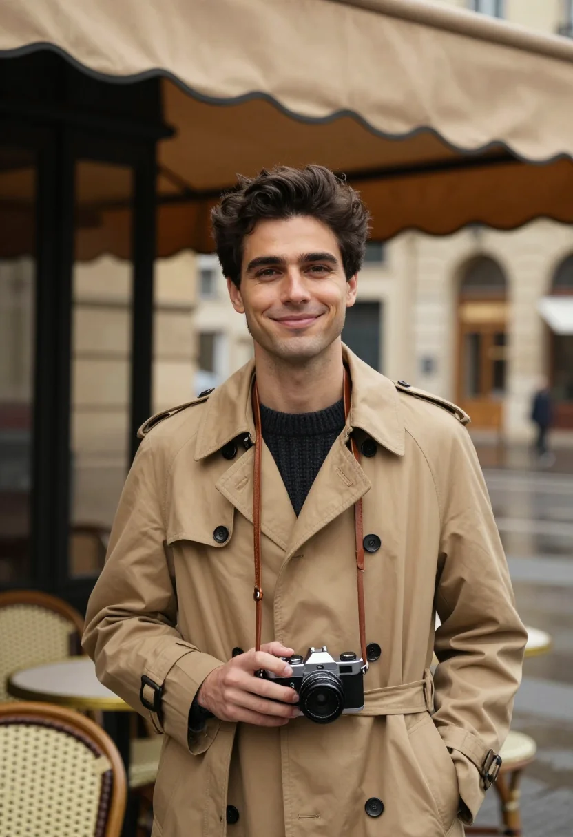 AI robert capa paris november trench sample — portrait of a man, framed chest-up, the crop falling at mid-