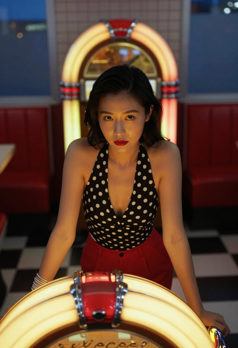 AI rockabilly girl sample — portrait of a woman, waist-up portrait of an East-Asian Amer
