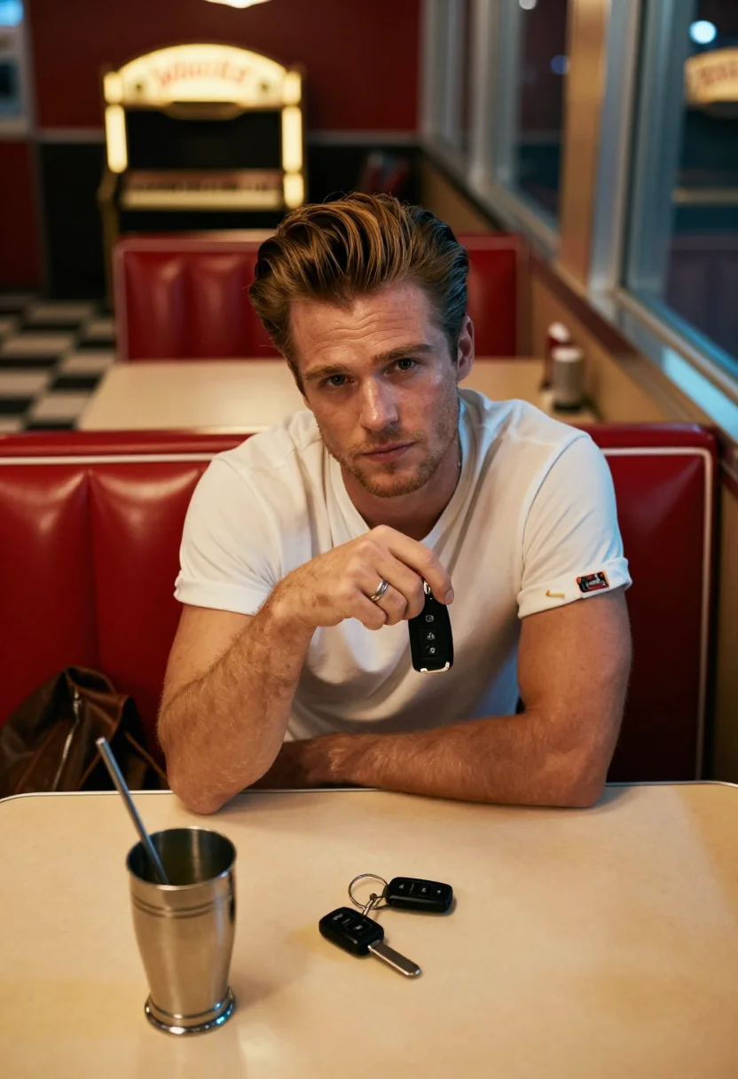 AI rockabilly greaser sample — portrait of a man, waist-up portrait of a white American man