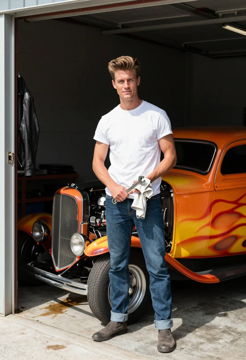 AI rockabilly greaser sample — portrait of a man, three-quarter-length portrait of a white
