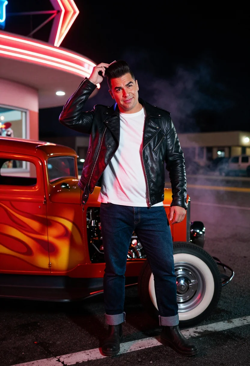 AI rockabilly greaser sample — portrait of a man, waist-up portrait of an Italian-American