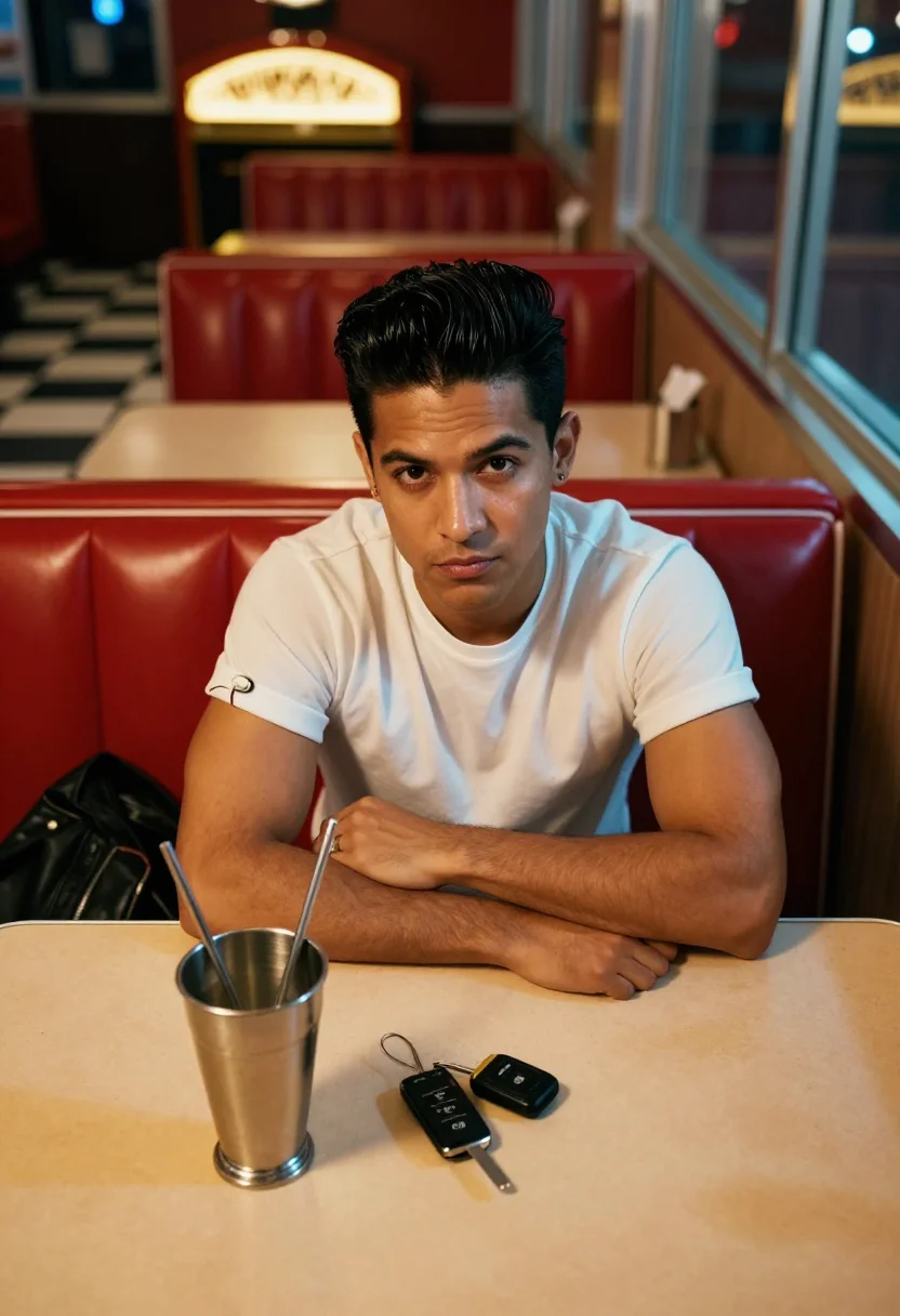 AI rockabilly greaser sample — portrait of a man, waist-up portrait of a Latino man in his