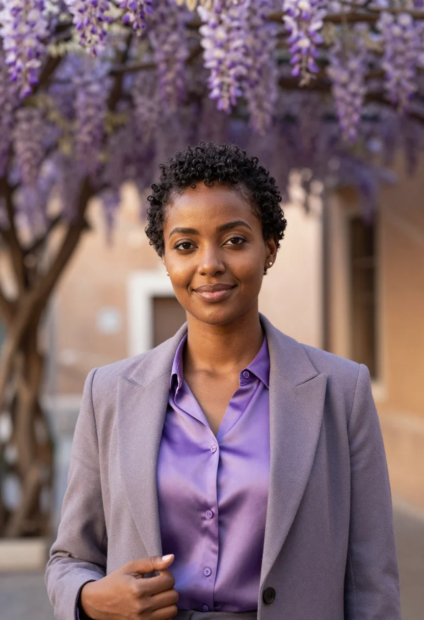 AI rome glicine wisteria april violet sample — portrait of a woman, a lawyer in her late thirties of Eritre