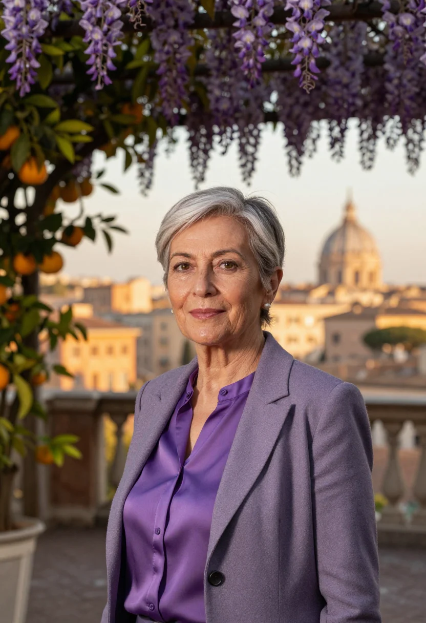 AI rome glicine wisteria april violet sample — portrait of a woman, a senior lawyer in her early sixties of