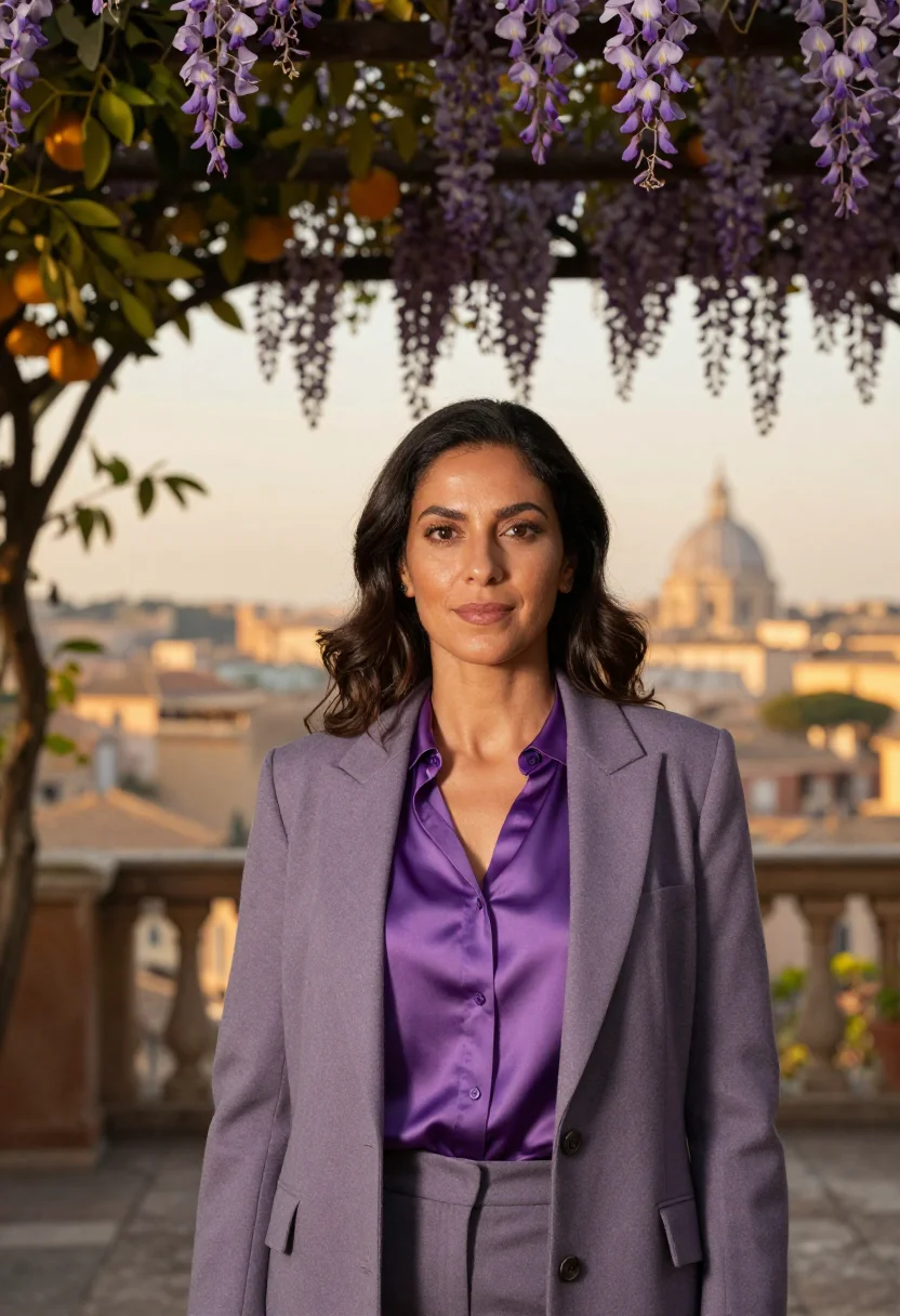 AI rome glicine wisteria april violet sample — portrait of a woman, a lawyer in her forties of Moroccan-Ita