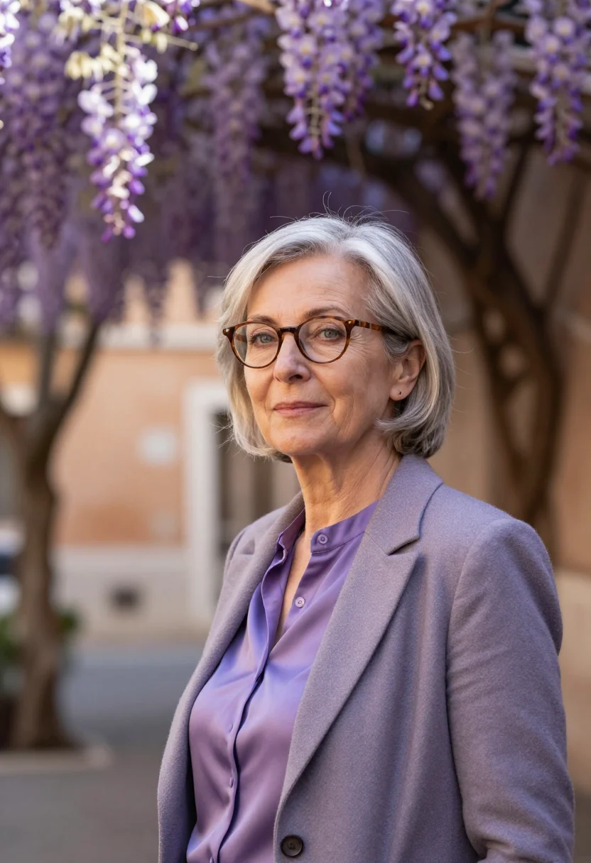 AI rome glicine wisteria april violet sample — portrait of a woman, a senior partner in her mid-fifties of
