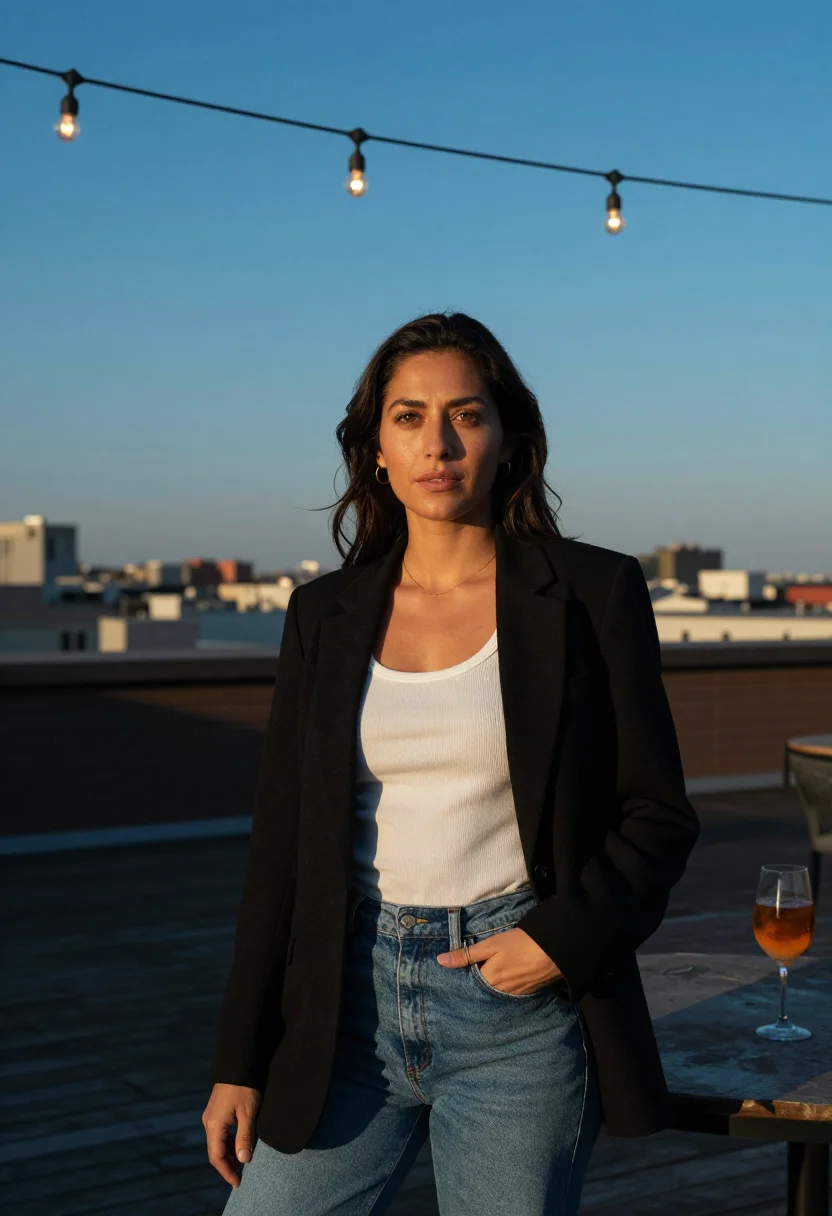 AI rooftop aperitivo sample — portrait of a woman, head-to-knee portrait of a Latin-Americ