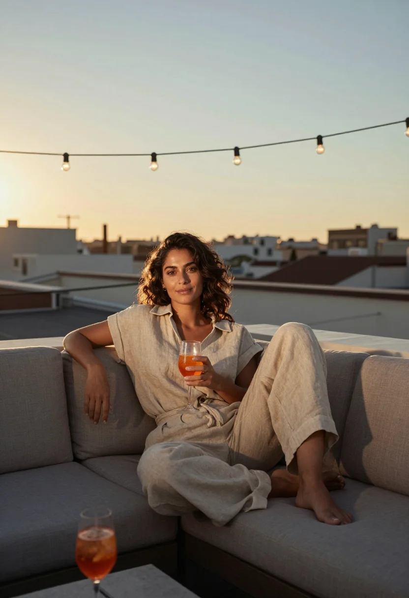 AI rooftop aperitivo sample — portrait of a woman, full-length portrait of a Mediterranean