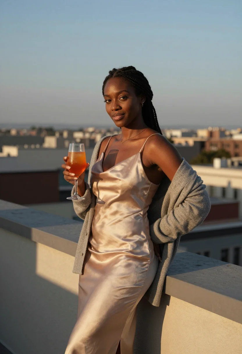 AI rooftop aperitivo sample — portrait of a woman, close half-length portrait of a Black w