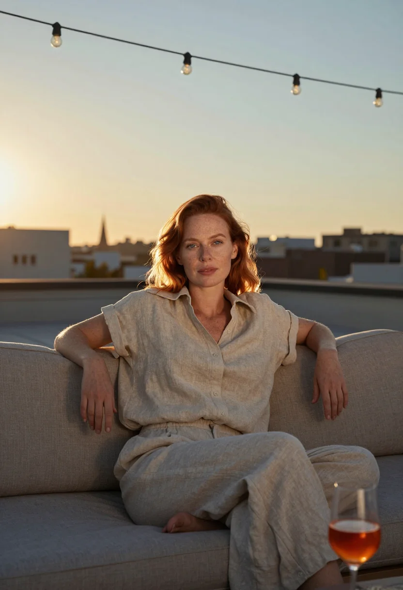 AI rooftop aperitivo sample — portrait of a woman, portrait from the knee up of a Western-