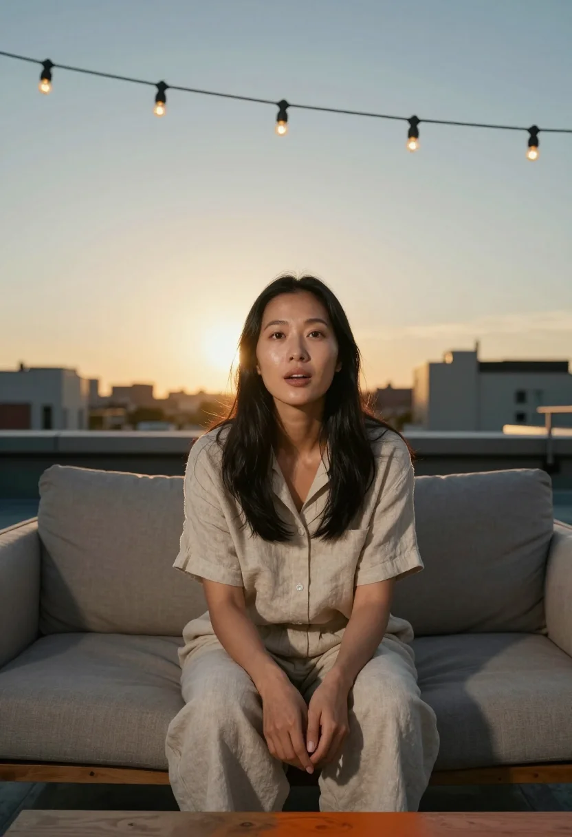 AI rooftop aperitivo sample — portrait of a woman, half-length portrait of an East-Asian w