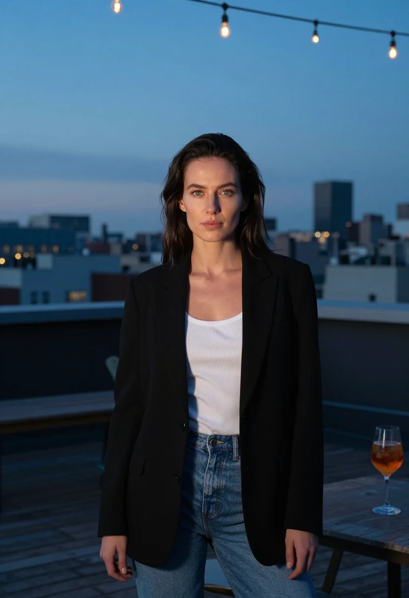 AI rooftop aperitivo sample — portrait of a woman, portrait from the waist up of a Western