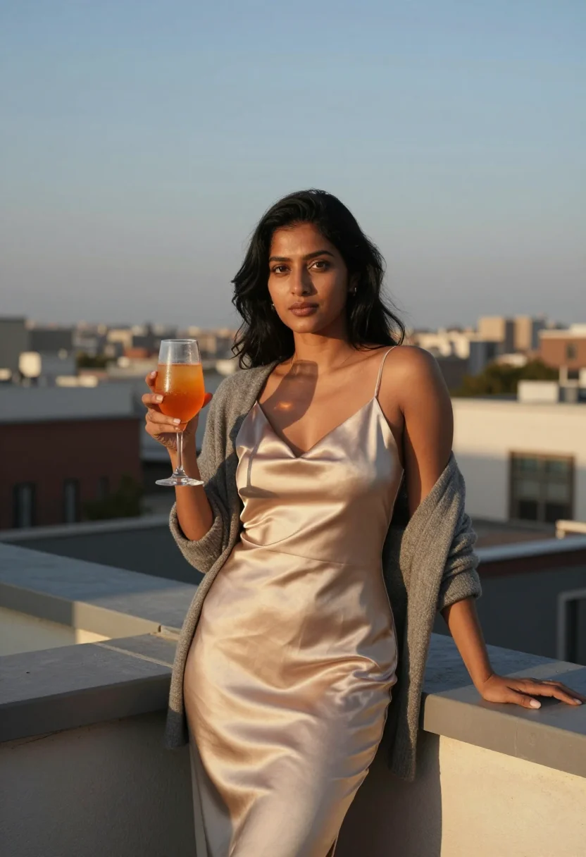 AI rooftop aperitivo sample — portrait of a woman, head-to-hip portrait of a South-Asian w