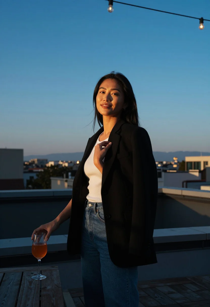 AI rooftop aperitivo sample — portrait of a woman, full-length portrait of a Southeast-Asi