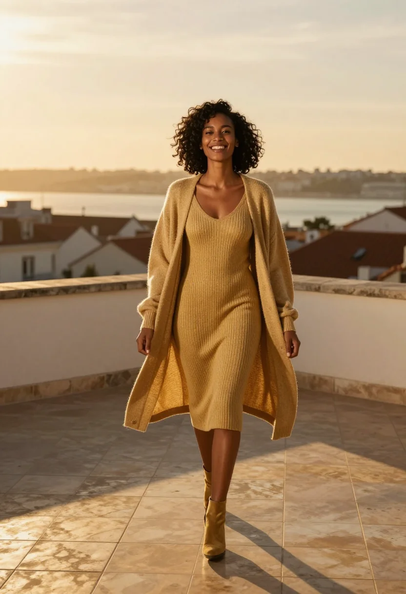 AI rooftop october sunset gold sample — portrait of a woman, full-length portrait of a Cape Verdean-