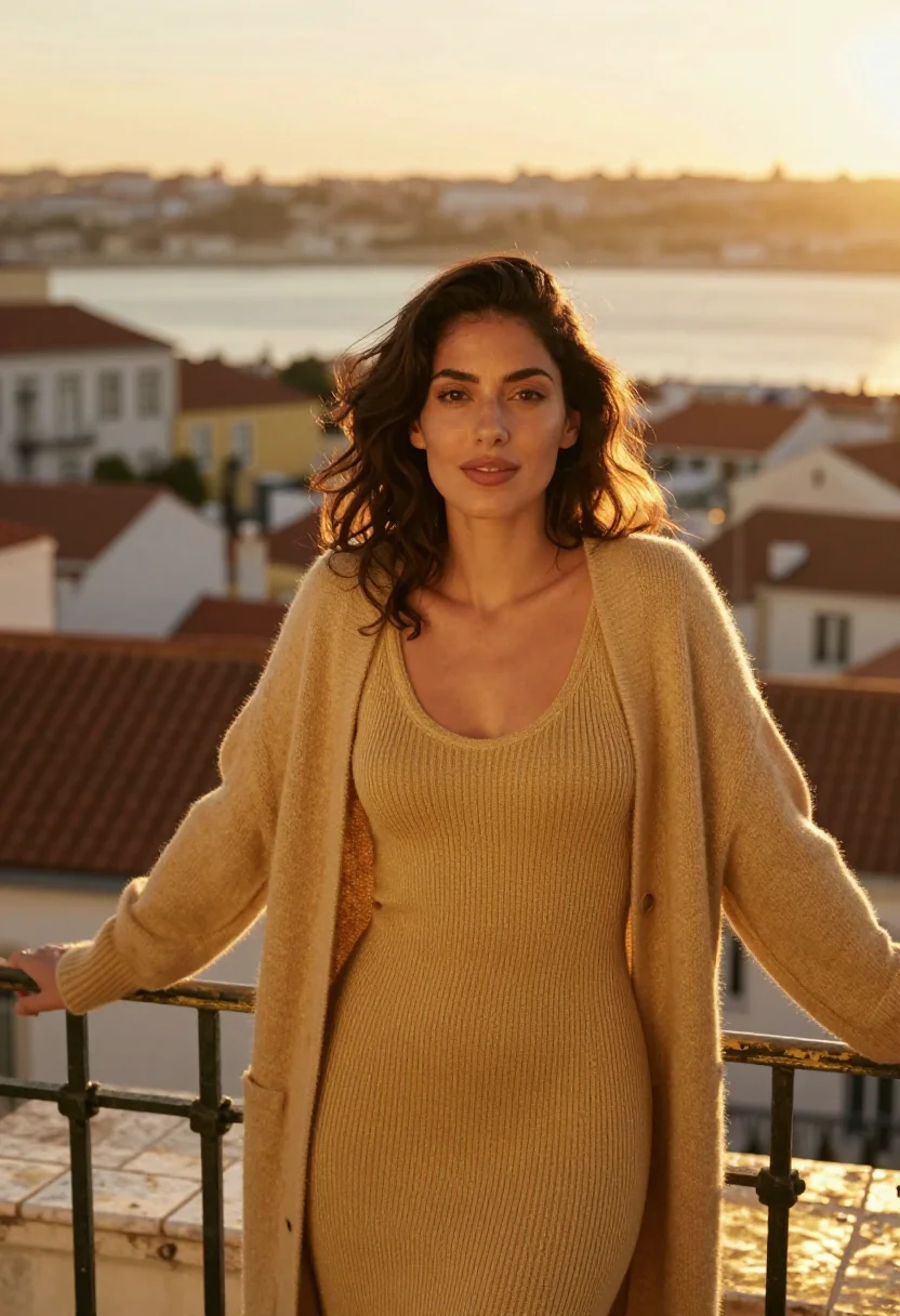 AI rooftop october sunset gold sample — portrait of a woman, chest-up portrait of a Portuguese woman