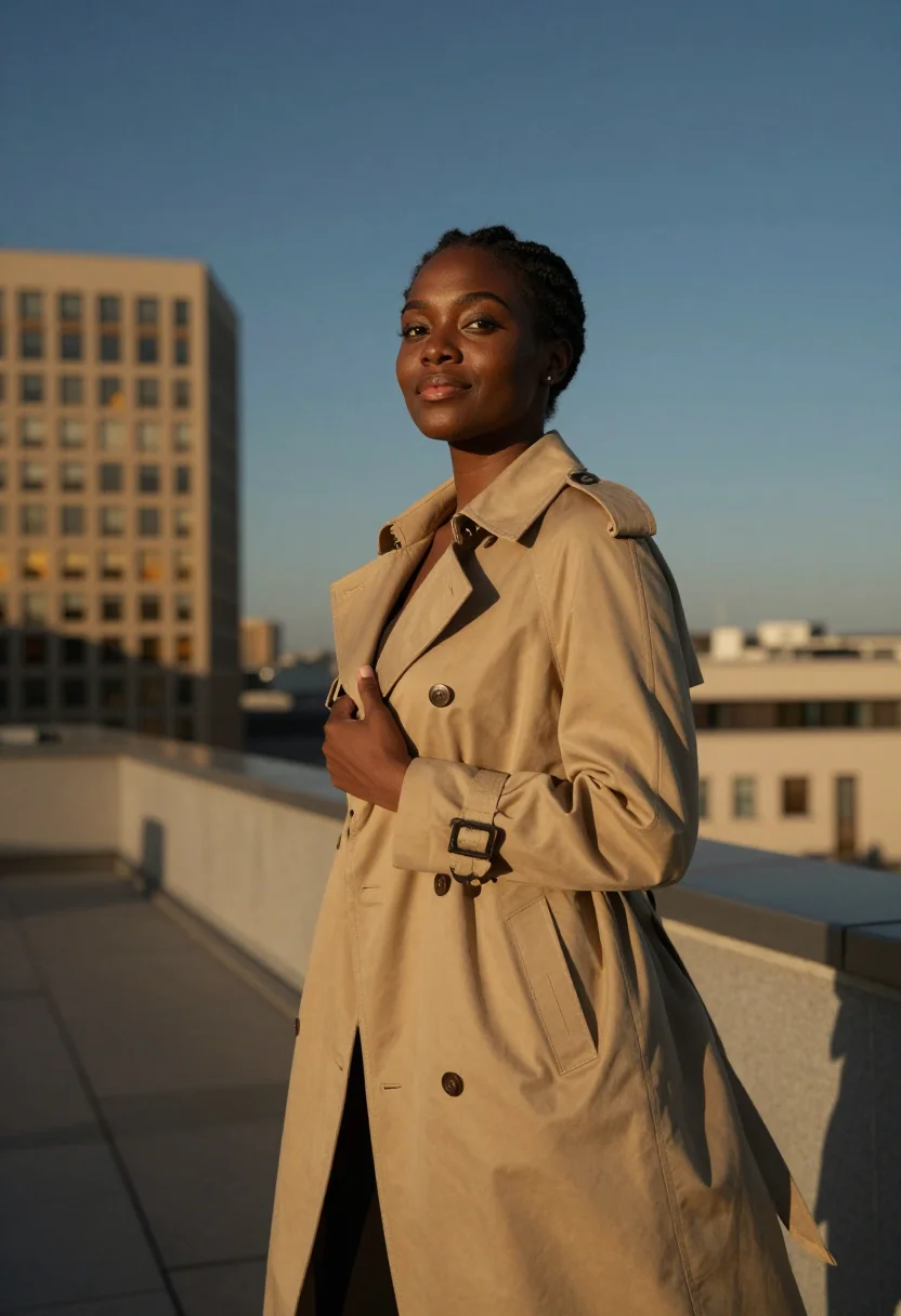 AI rooftop skyline headshot sample — half-length portrait of a Black British woman in her thirtie
