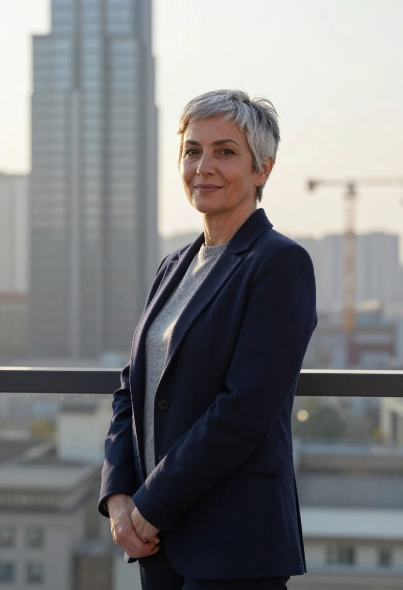 AI rooftop skyline headshot sample — half-length portrait of a Western-European woman in her fift