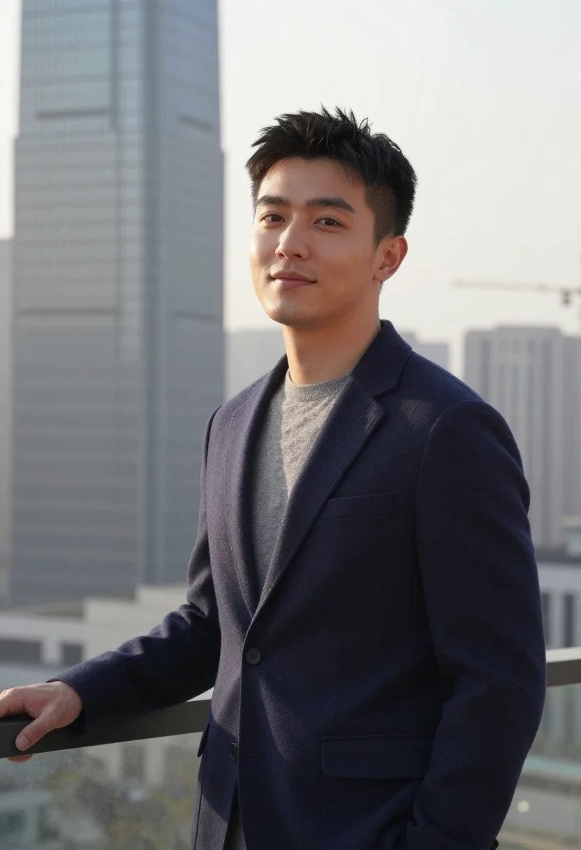 AI rooftop skyline headshot sample — chest-up portrait of an East-Asian man in his late twenties