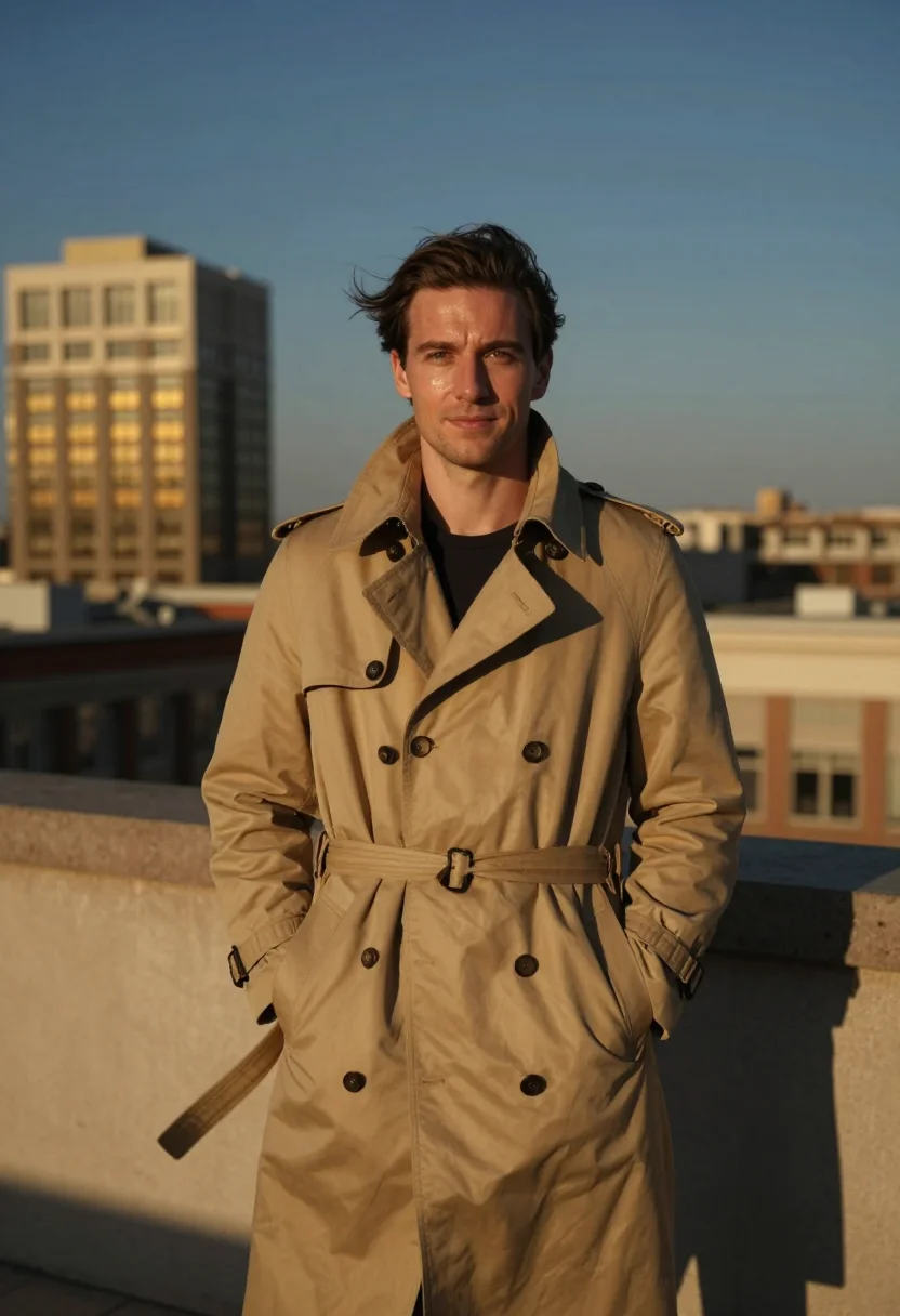 AI rooftop skyline headshot sample — half-length portrait of a Western-European man in his mid-th