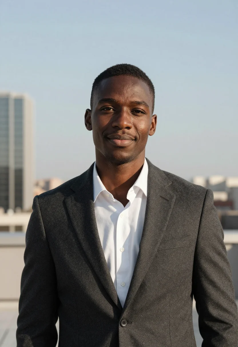 AI rooftop skyline headshot sample — head-and-shoulders portrait of a Black European man in his e