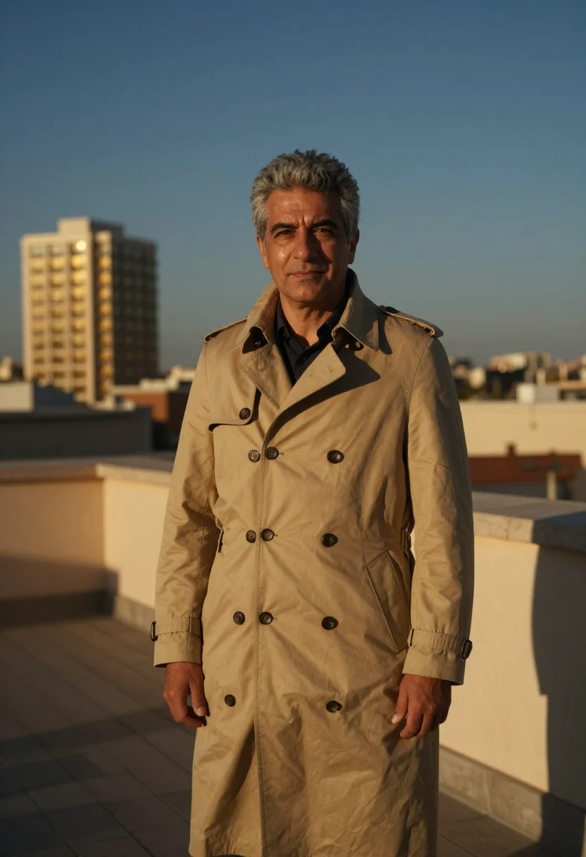 AI rooftop skyline headshot sample — half-length portrait of a Mediterranean man in his early fif