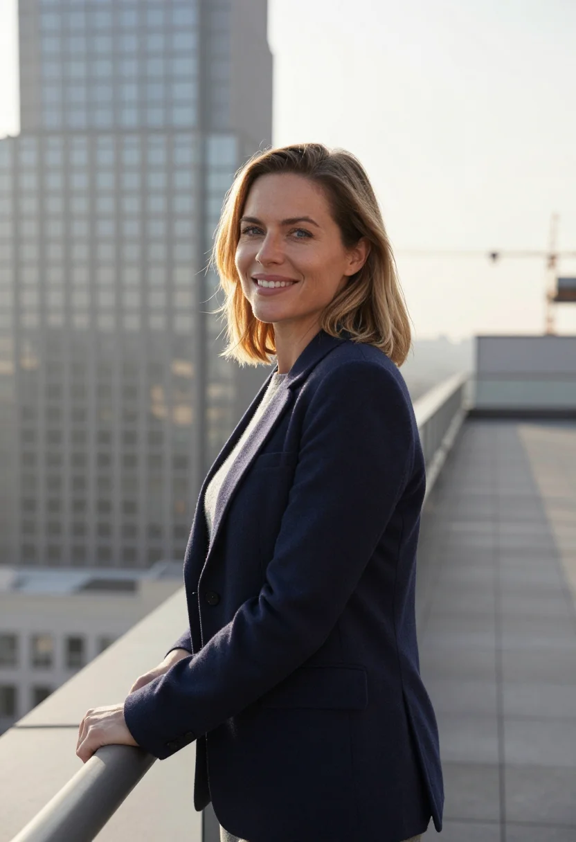AI rooftop skyline headshot sample — chest-up portrait of a Western-European woman in her early t