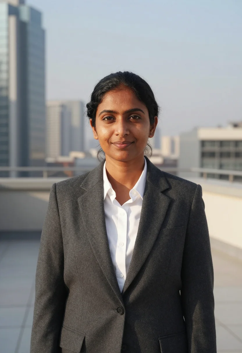 AI rooftop skyline headshot sample — head-and-shoulders portrait of a South-Asian woman in her mi