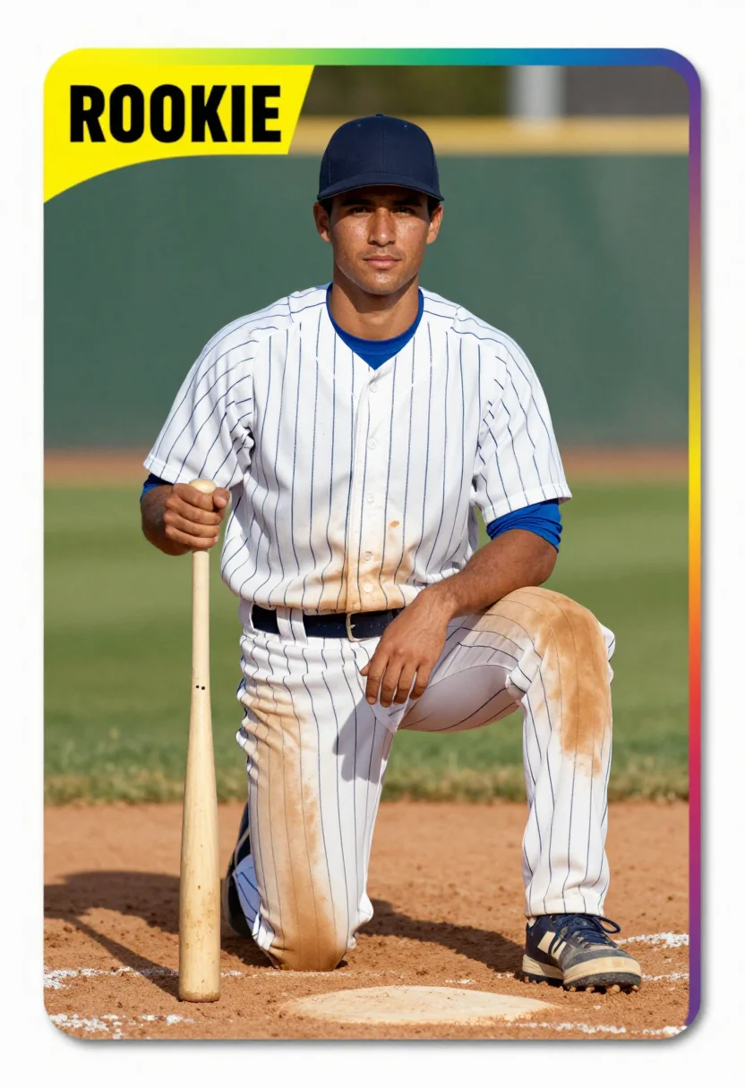 AI rookie card sample — portrait of a man, portrait from the knees up of a man in hi