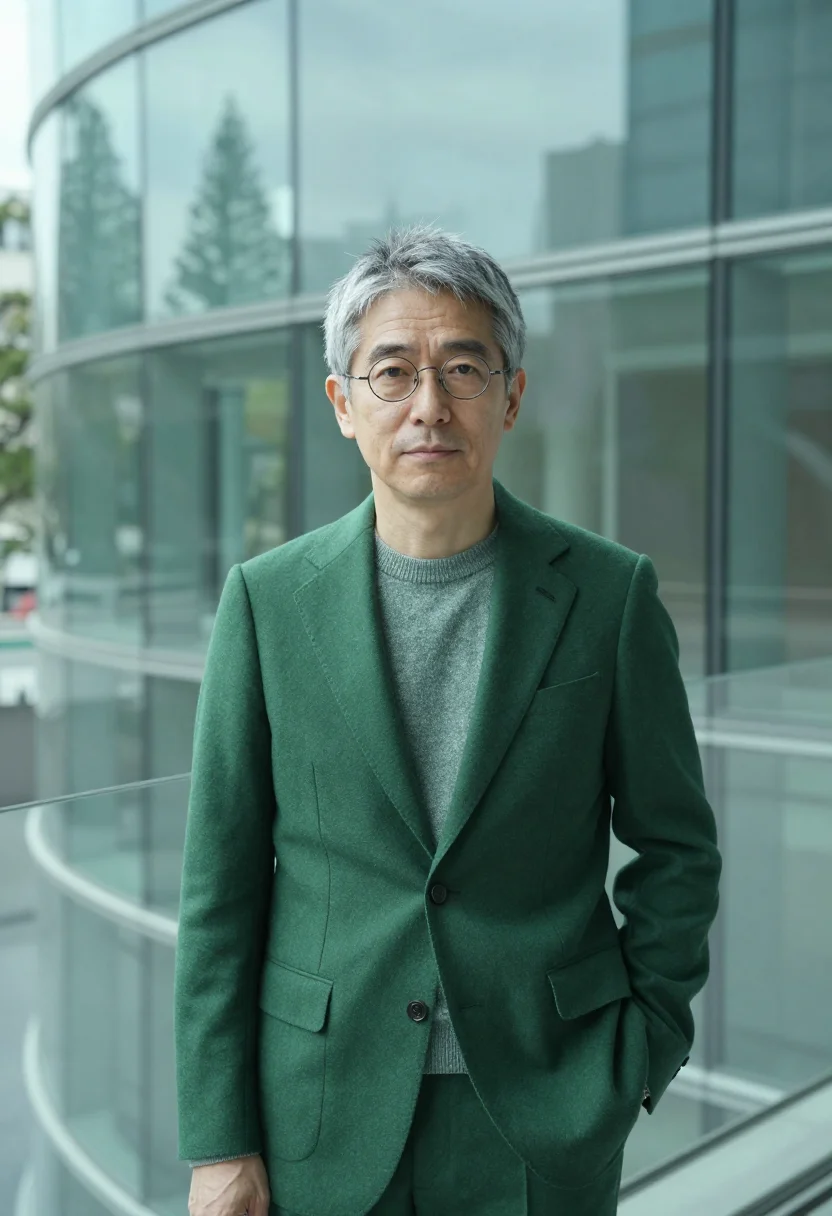 AI roppongi curator wave glass green sample — portrait of a man, a curator of Japanese descent in his fift