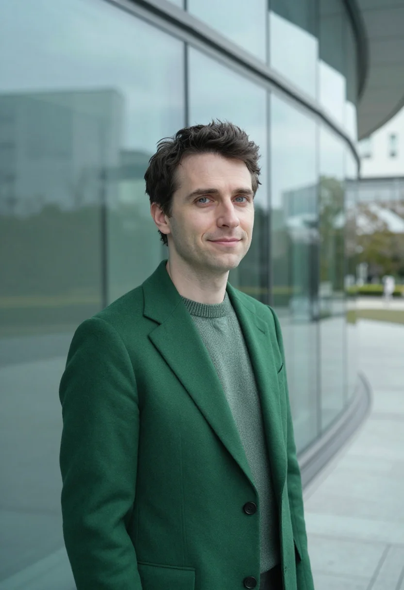AI roppongi curator wave glass green sample — portrait of a man, a curator of Western European descent in