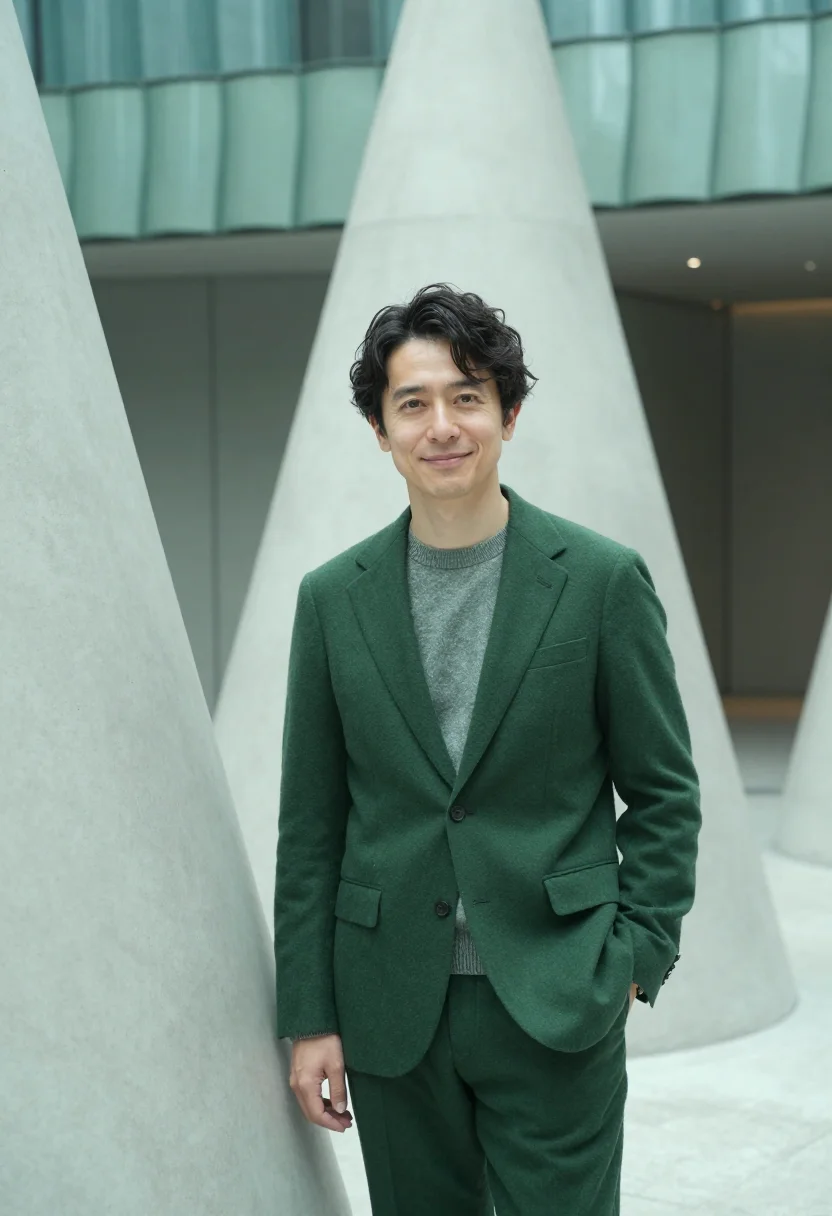 AI roppongi curator wave glass green sample — portrait of a man, a curator of Japanese and Western Europea