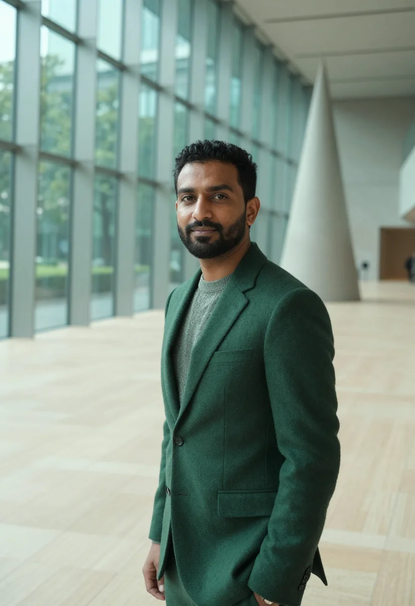 AI roppongi curator wave glass green sample — portrait of a man, a curator of Indian descent in his early