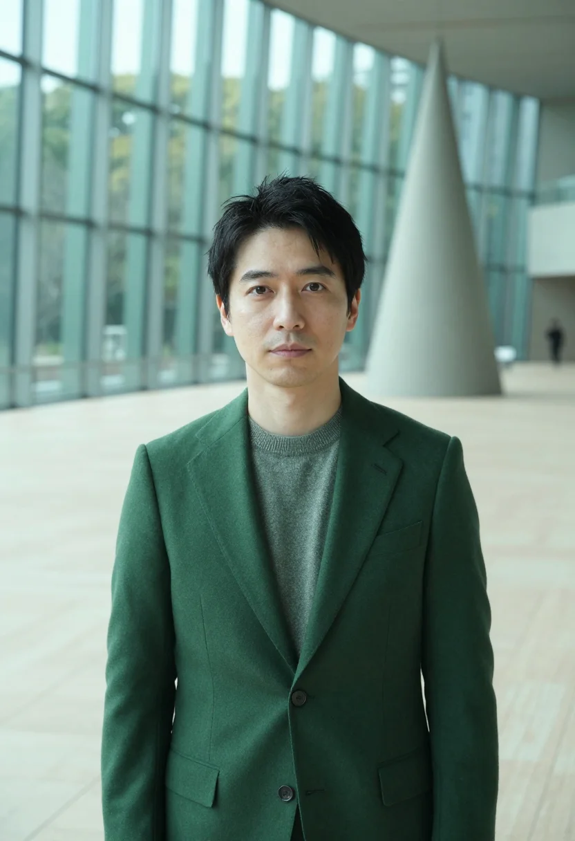 AI roppongi curator wave glass green sample — portrait of a man, a curator of Japanese descent in his late
