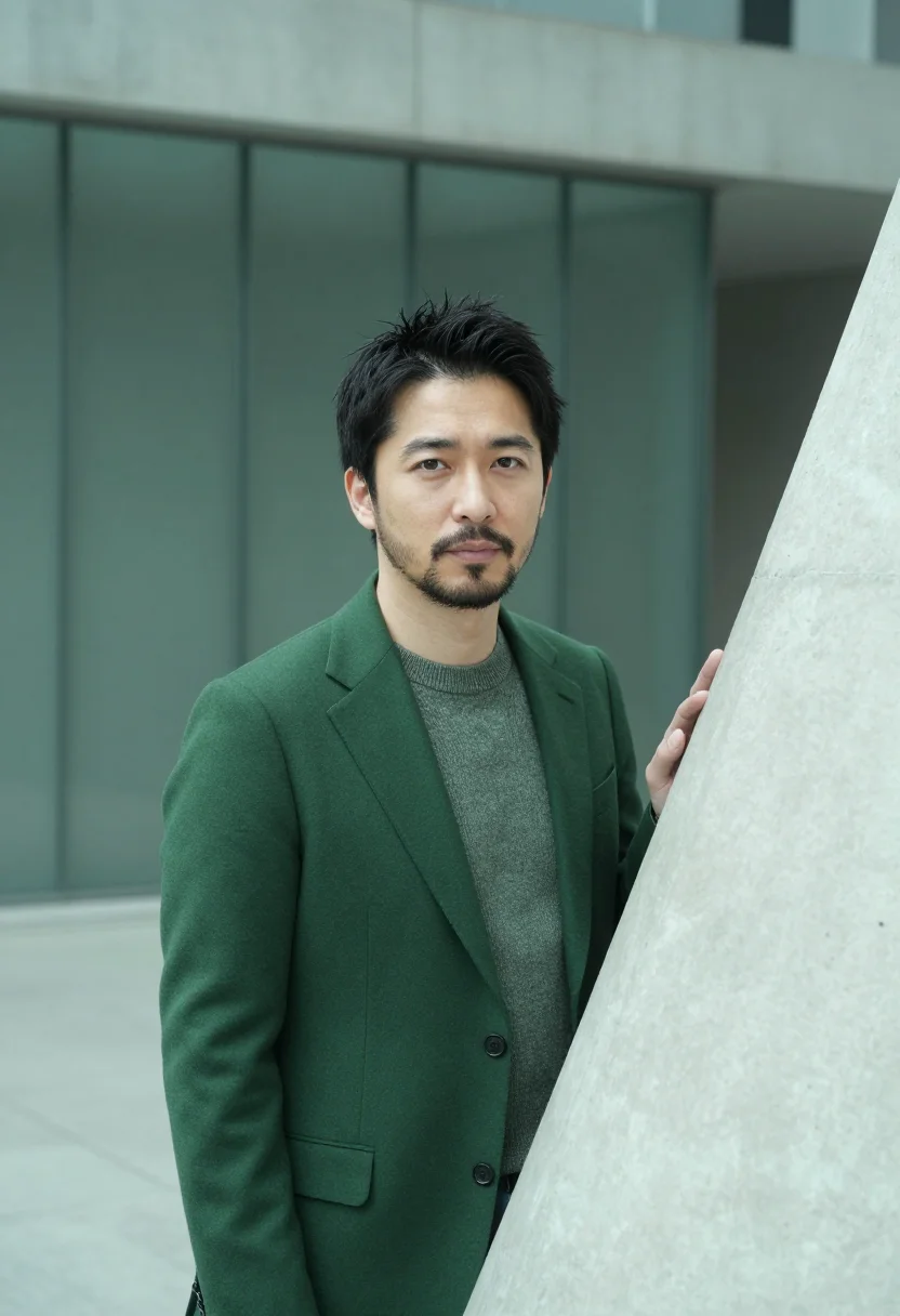 AI roppongi curator wave glass green sample — portrait of a man, a curator of Japanese descent in his earl
