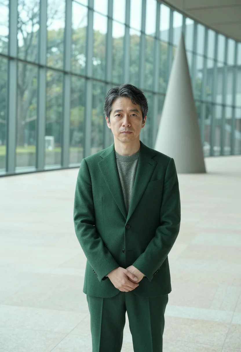 AI roppongi curator wave glass green sample — portrait of a man, a curator of Japanese descent in his earl