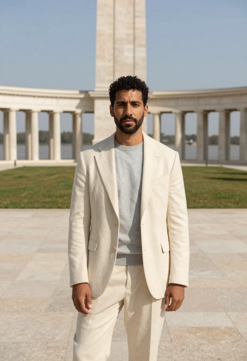 AI rosario architect flag monument travertine sample — portrait of a man, an architect in his mid-forties with oliv